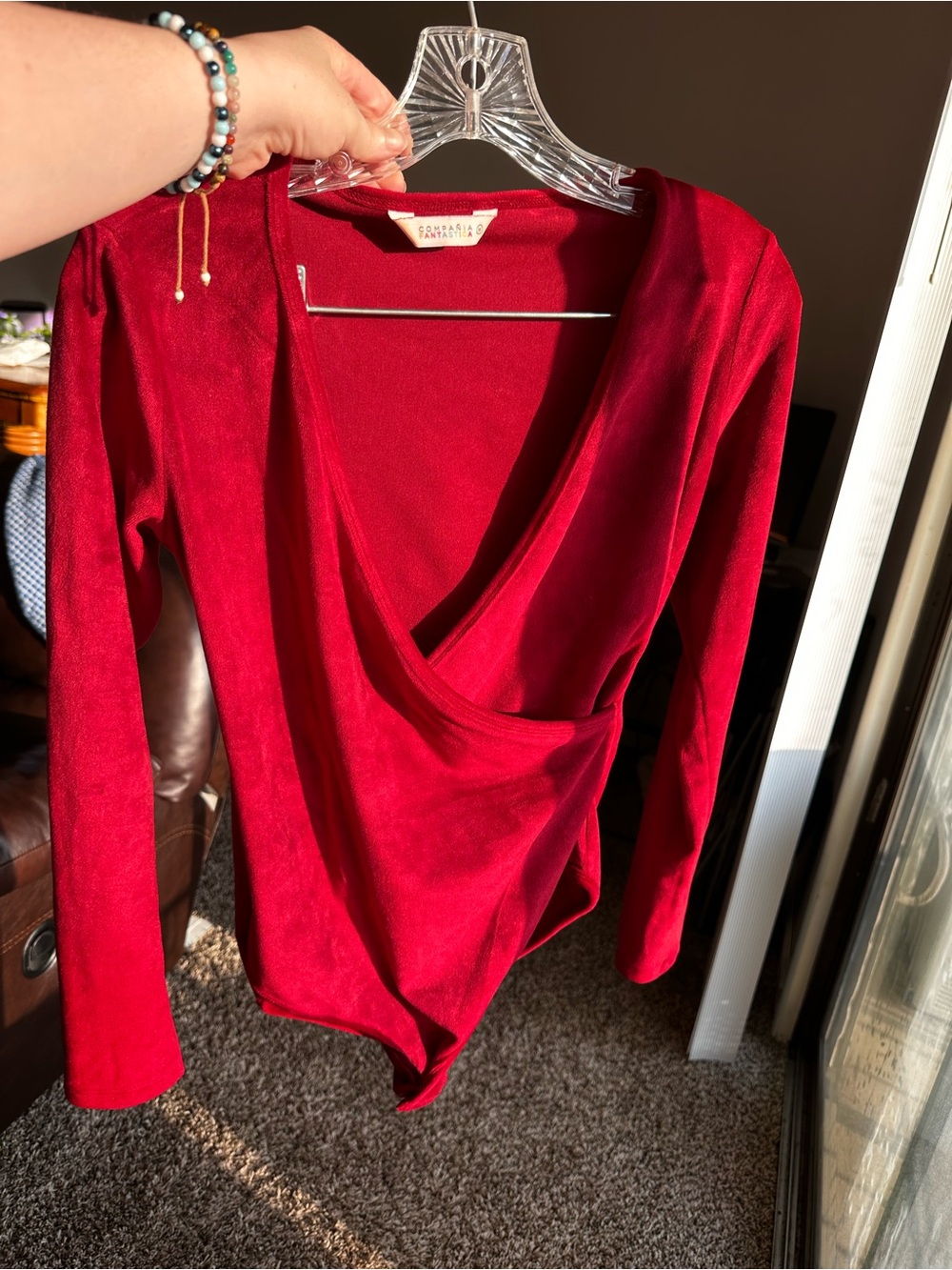 Red Wrap-Front Long-Sleeve Bodysuit Top Velvet Velour